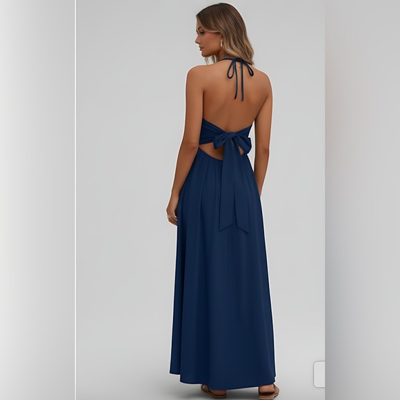 LAST ONE ๐ฅ Tie Backless Halter Neck Cami Dress Blue - Picture 4 of 9